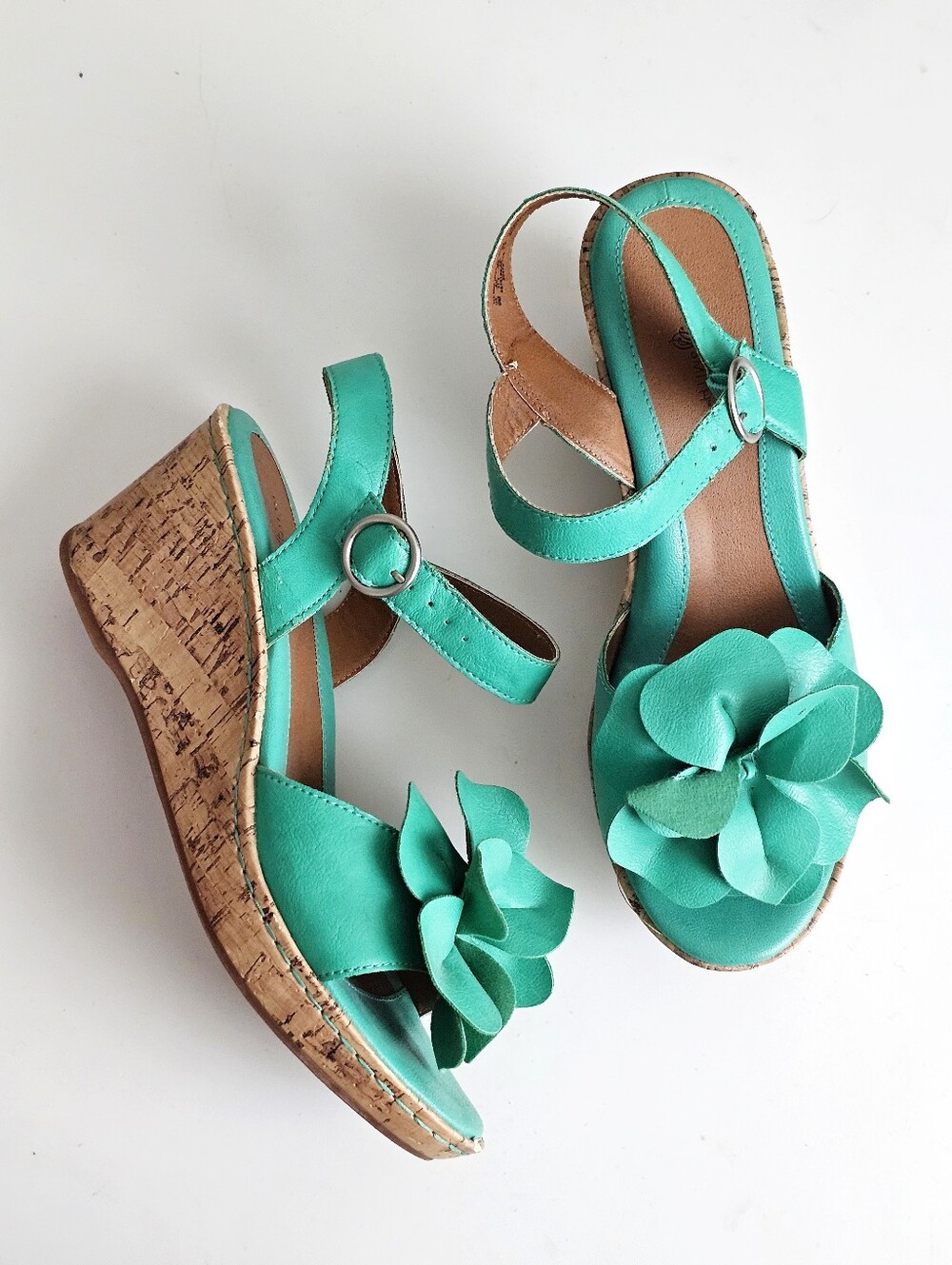 Jaclyn Smith Turquoise Floral Cork Wedge Sandals Ankle Strap Women’s 9